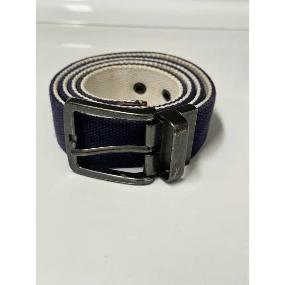 American Eagle Web Canvas Mens Belt Reversible Metal Buckle Blue White Logo